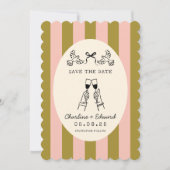 Whimsical Pink Striped Scribble Save the Date 招待状 (正面)