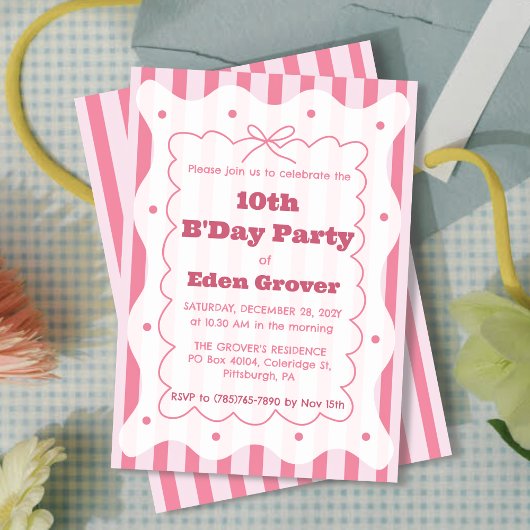 Whimsical Pink Stripes Birthday Invitation 招待状