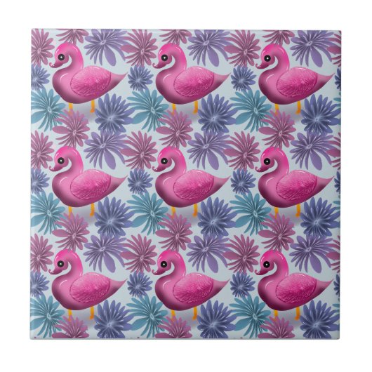 Whimsical Pink Swan: Pastel Floral Dream Pattern タイル (正面)