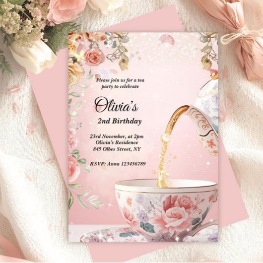 Whimsical Pink Tea Party Floral Birthday  招待状