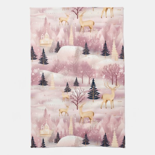 Whimsical Pink Winter Landscape (1) キッチンタオル (縦)