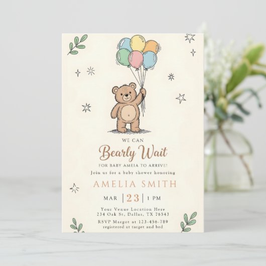 Whimsical Pink Yellow Teddy bear baby shower 招待状 (スタンド正面)