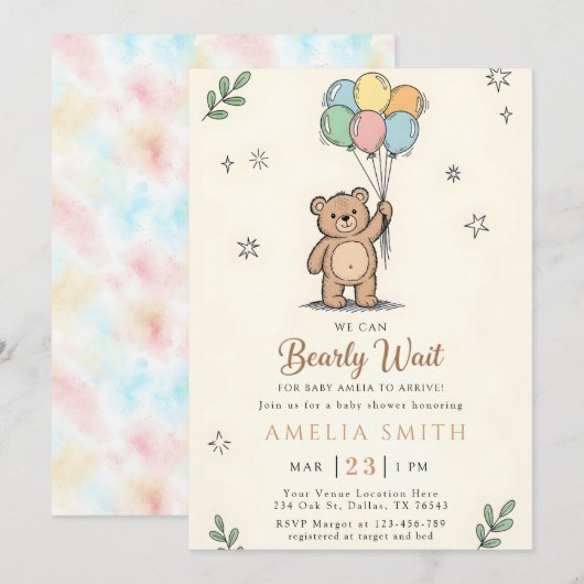 Whimsical Pink Yellow Teddy bear baby shower 招待状 (正面/裏面)