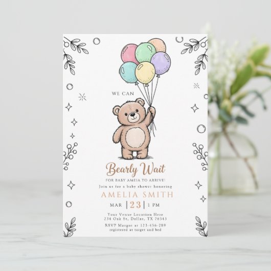 Whimsical Pink Yellow Teddy bear baby shower 招待状 (スタンド正面)