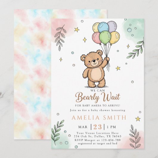 Whimsical Pink Yellow Teddy bear baby shower 招待状 (正面/裏面)