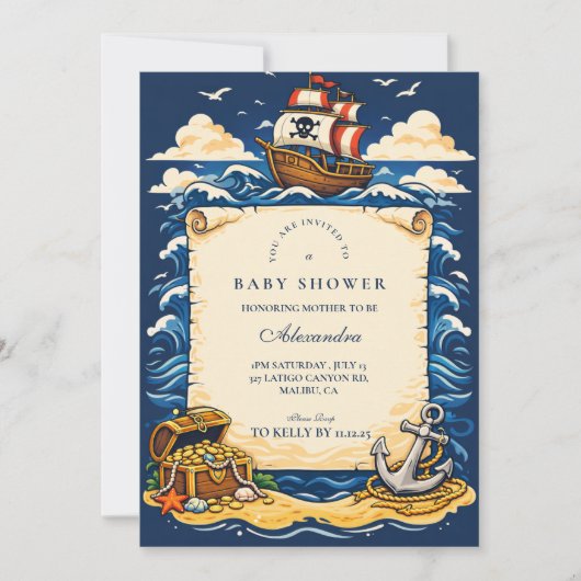 Whimsical Pirate Ship Adventure Baby Shower 招待状 (正面)