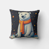 Whimsical Polar Bear In Orange Scarf クッション (正面)