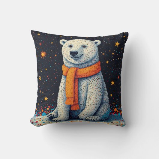 Whimsical Polar Bear In Orange Scarf クッション (正面)