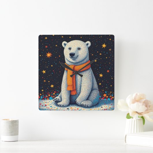 Whimsical Polar Bear In Orange Scarf スクエア壁時計 (ホーム)