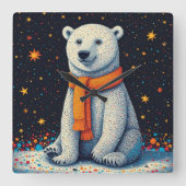 Whimsical Polar Bear In Orange Scarf スクエア壁時計 (正面)
