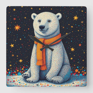 Whimsical Polar Bear In Orange Scarf スクエア壁時計
