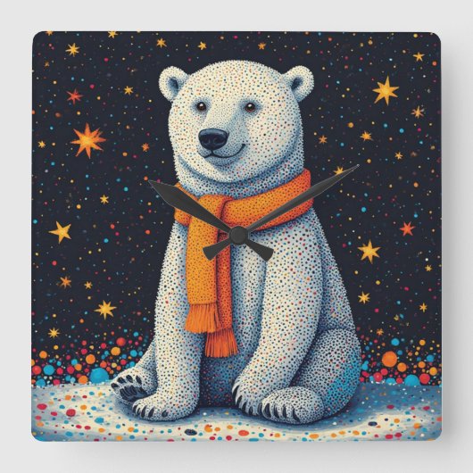Whimsical Polar Bear In Orange Scarf スクエア壁時計 (正面)