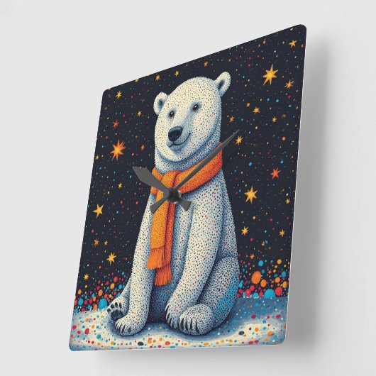 Whimsical Polar Bear In Orange Scarf スクエア壁時計 (傾斜)