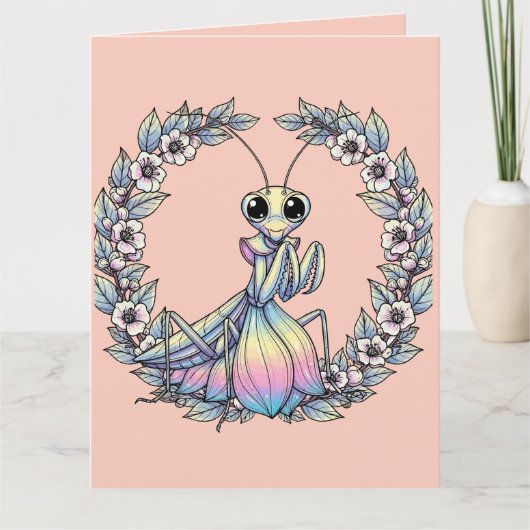 Whimsical Praying Mantis And Mountain Laurel Bloss カード (正面)