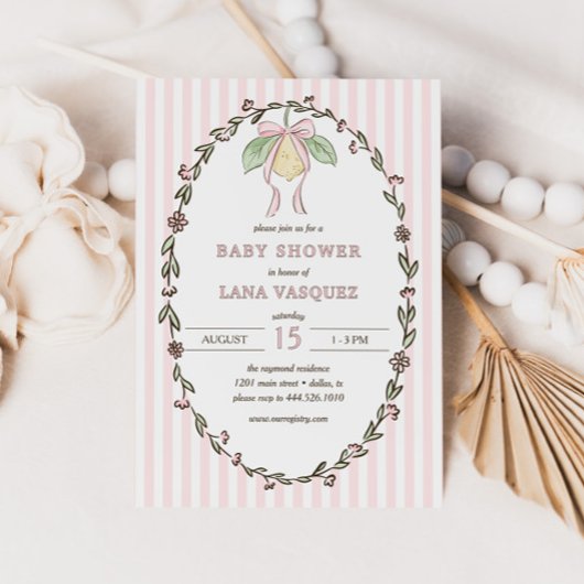 Whimsical Preppy Coquette Pastel Lemon Baby Shower 招待状