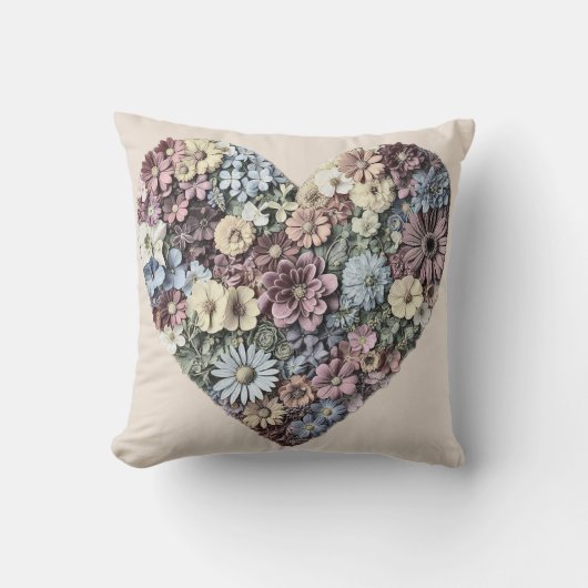 Whimsical Pressed Flower Heart Botanical Drawing  クッション (正面)