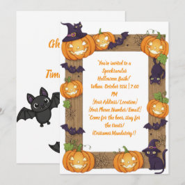 Whimsical Pumpkin and Black Cat Halloween Invite シーズンカード