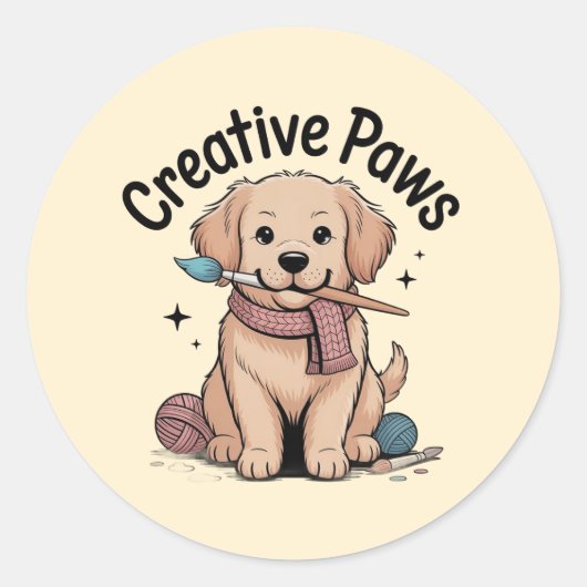 Whimsical Puppy Painter Yarn Enthusiast Sticker ラウンドシール (正面)