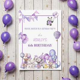 Whimsical Purple Animals Birthday  Invitation 招待状