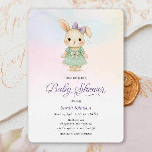 Whimsical Purple Bunny Girl Baby Shower Invite 招待状