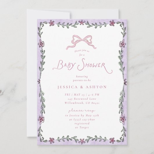 Whimsical Purple Floral Frame Baby Shower  招待状 (正面)