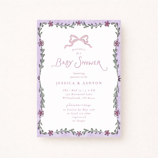 Whimsical Purple Floral Frame Baby Shower  招待状