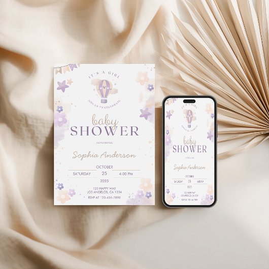 Whimsical Purple Hot Air Balloon Girl Baby Shower 招待状