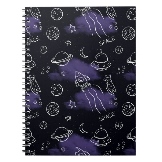Whimsical Purple Outer Space Seamless Pattern ノートブック (正面)