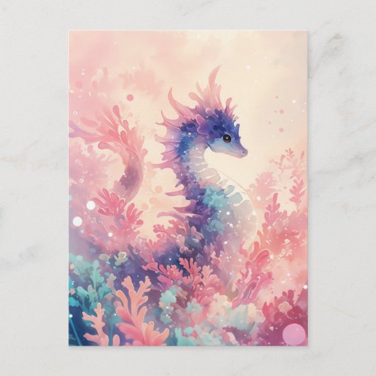 Whimsical Purple Seahorse in Pink Coral ポストカード (正面)