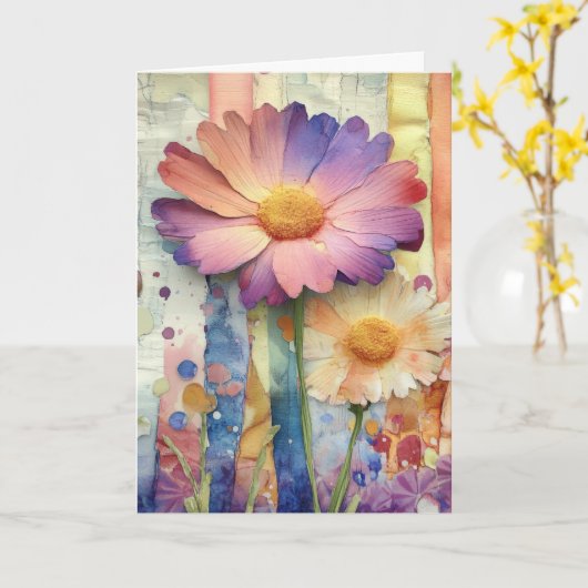 Whimsical Quirky Cheerful Flowers Hello Folded カード (黄色い花)