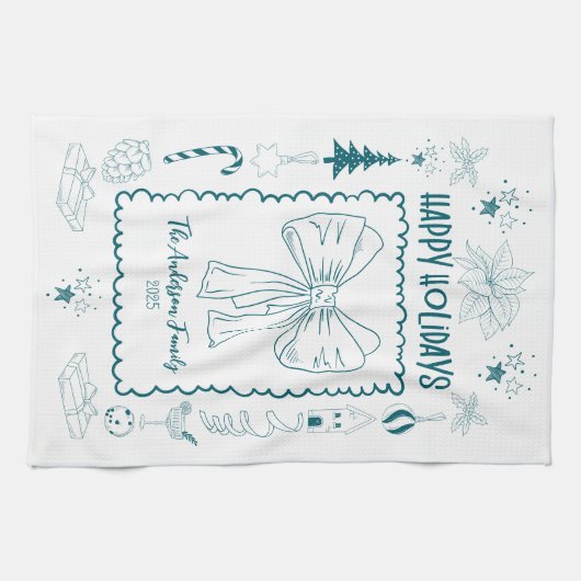 Whimsical Quirky Doodle Holiday キッチンタオル (横)