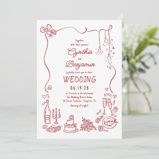 Whimsical Quirky Funky Hand Drawn Wedding 招待状 (スタンド正面)