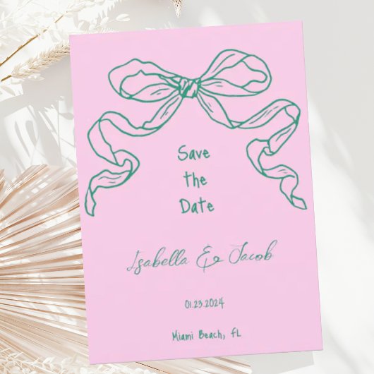 whimsical quirky Hand Drawn セージ Bow Save the Date 招待状