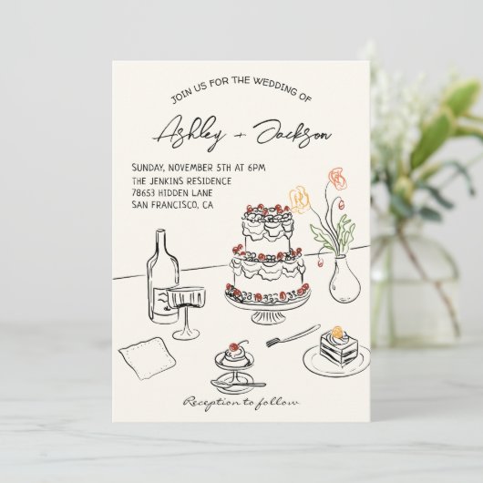 Whimsical Quirky Hand Drawn Cake Wedding 招待状 (スタンド正面)
