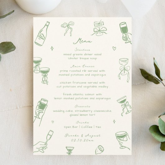  Whimsical Quirky Hand Drawn Green Wedding メニュー
