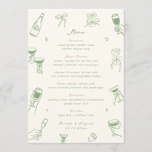  Whimsical Quirky Hand Drawn Green Wedding メニュー (正面)