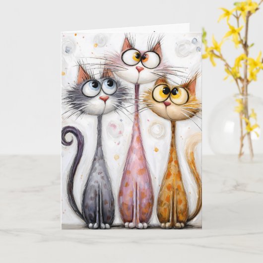 Whimsical Quirky Long Neck Cats カード (黄色い花)