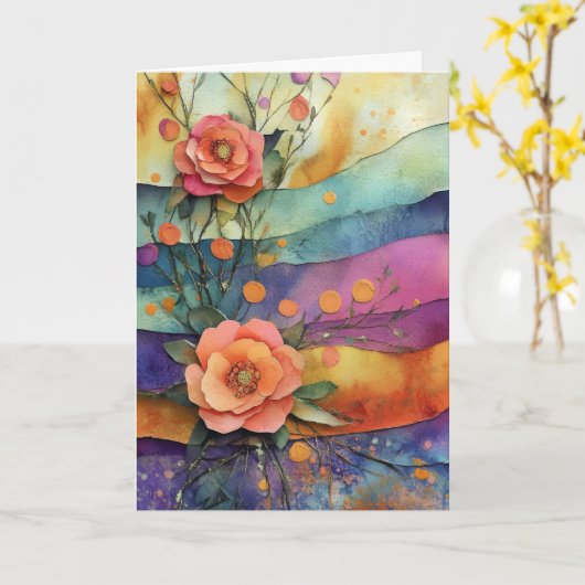 Whimsical Quirky Paper Flowers Hello Folded カード (黄色い花)