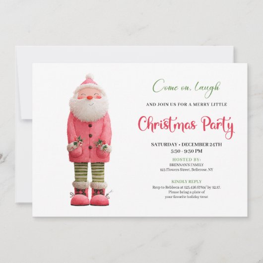 Whimsical Quirky Pink Santa Festive Party Design 招待状 (正面)