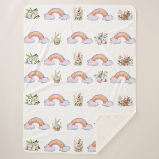 Whimsical rabbit and rainbow Sherpa Blanket シェルパブランケット (正面)