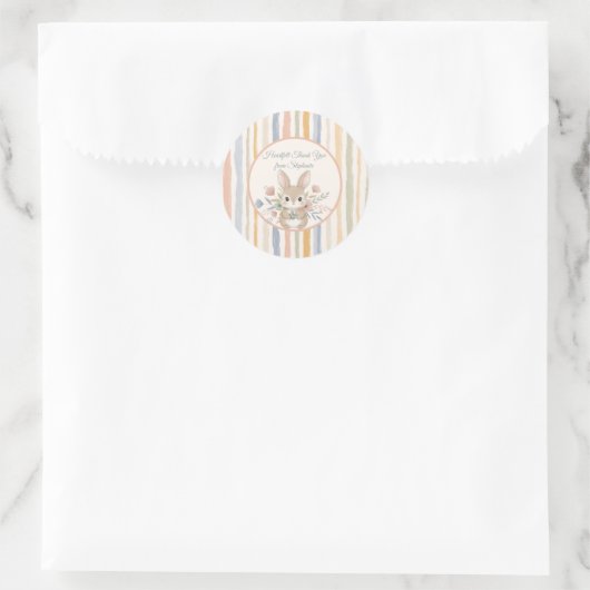 Whimsical Rabbit Watercolor Stripe ラウンドシール (バッグ)