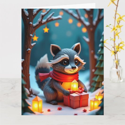 Whimsical Raccoon with Gifts Snowy Christmas Scene カード (黄色い花)