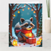 Whimsical Raccoon with Gifts Snowy Christmas Scene カード (正面)