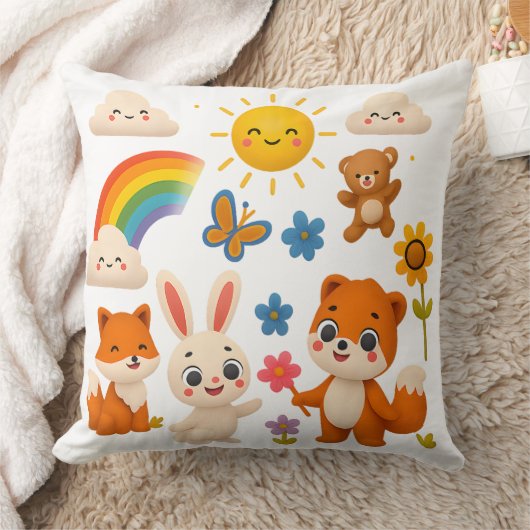 Whimsical Rainbow Animals Decorative Pillow クッション (ブランケット)