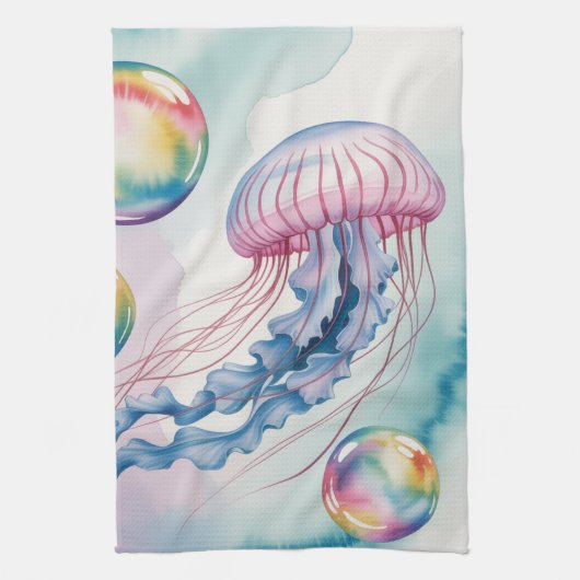 Whimsical Rainbow Jellyfish Watercolor Design キッチンタオル (縦)