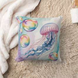 Whimsical Rainbow Jellyfish Watercolor Design クッション