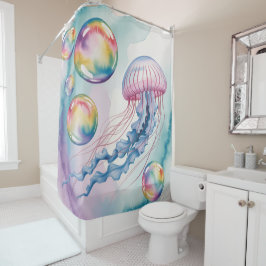 Whimsical Rainbow Jellyfish Watercolor Design シャワーカーテン