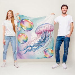 Whimsical Rainbow Jellyfish Watercolor Design フリースブランケット
