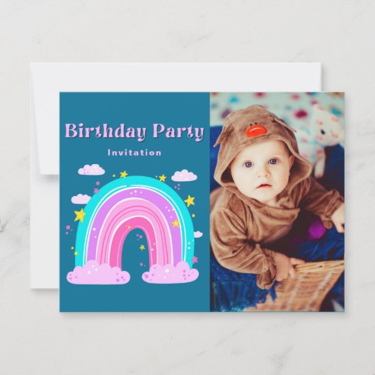 Whimsical Rainbow Pink & Teal 1st Birthday Invite  (正面)