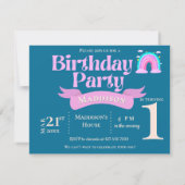 Whimsical Rainbow Pink & Teal 1st Birthday Invite  (裏面)